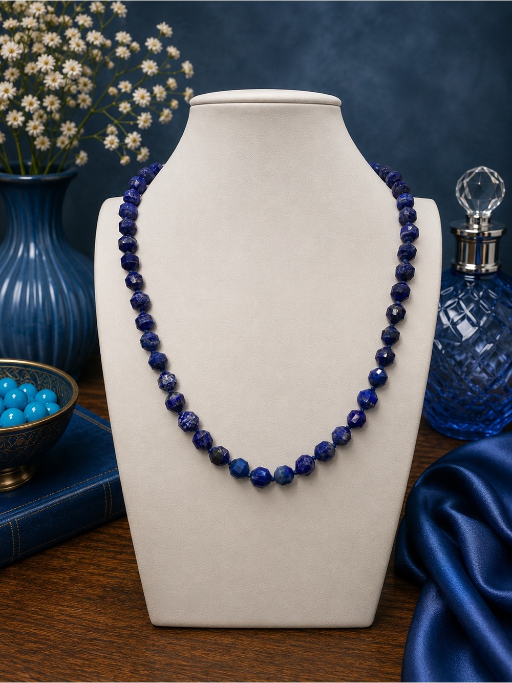 Natural Lapis Lazuli Laser Cut Barrel Bead Necklace 10mm  22 inch Aprilsplace